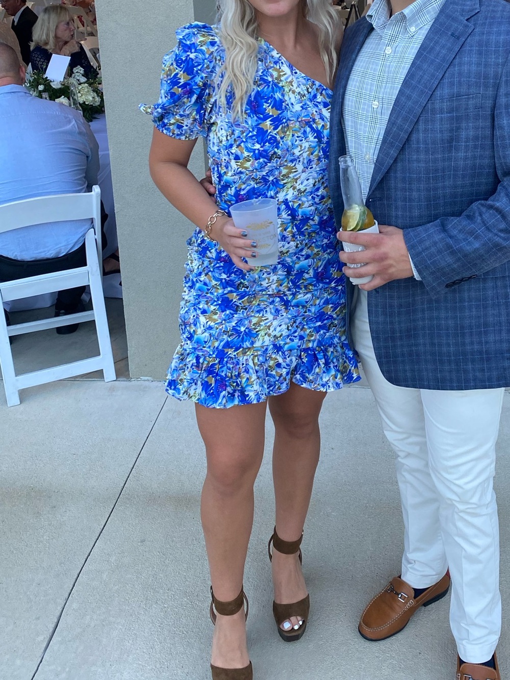 Blue Floral One-Shoulder Ruffle Mini Dress